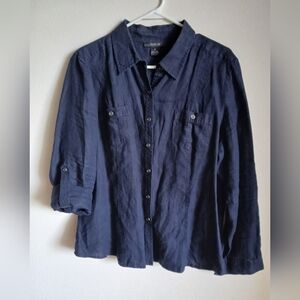 Style & Co blue linen button up blouse size 18